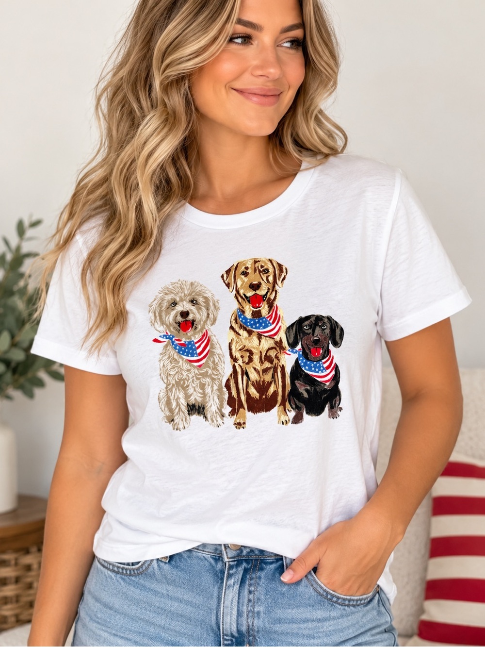 Kim Rogers Patriotic Dog Graphic Tee White 100% Cotton Women’s Medium